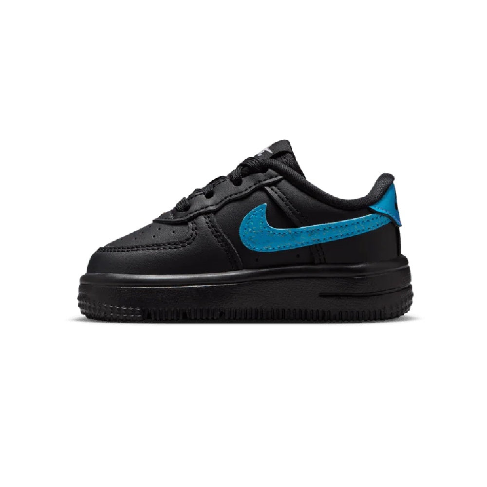 Toddler Nike Force 1 Low sneakers, black with blue side Swoosh and lace-up front