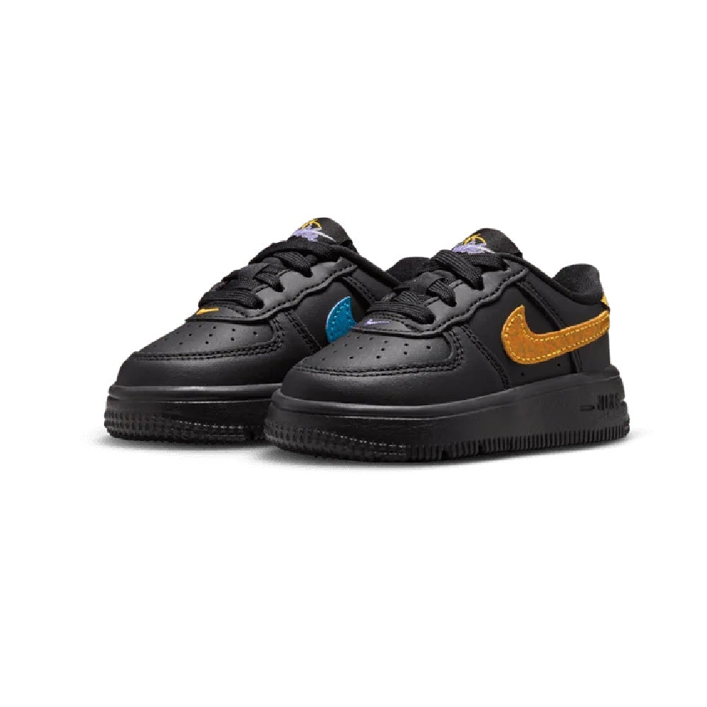 Toddler Nike Force 1 Low sneakers, black with blue and gold/yellow side Swooshes