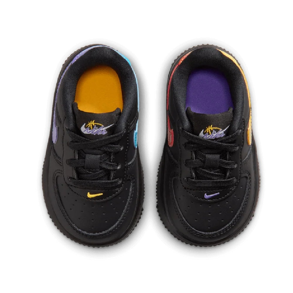 Toddler Nike Force 1 Low sneakers, black lace-up with colorful tongue and lining accents