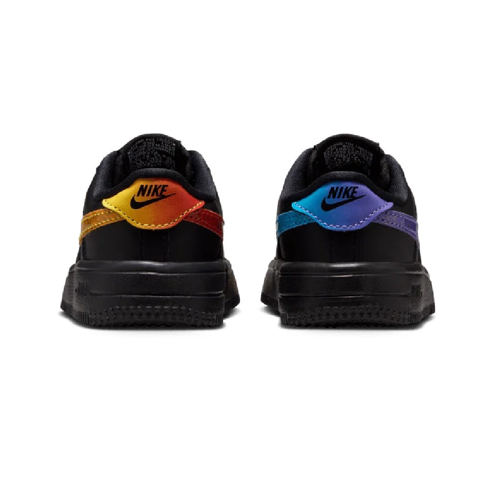 Toddler Nike Force 1 Low sneakers, black heels with Nike logo and yellow/purple accents
