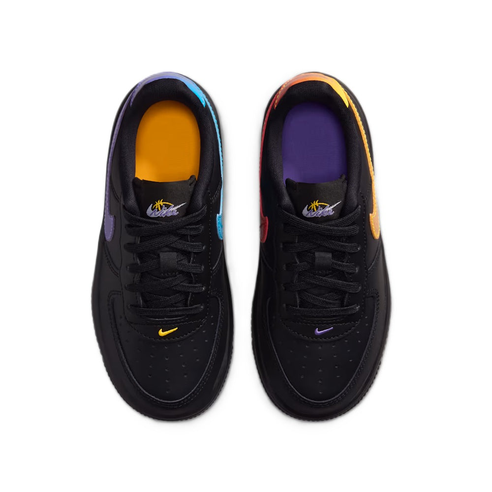 Pair of kids' black lace-up sneakers with multicolor interiors
