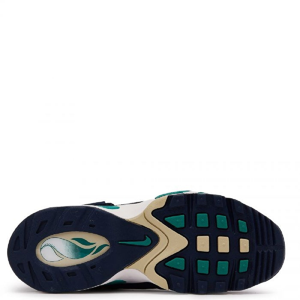 Kids' Nike sneakers outsole with navy tread and teal accents over white midsole