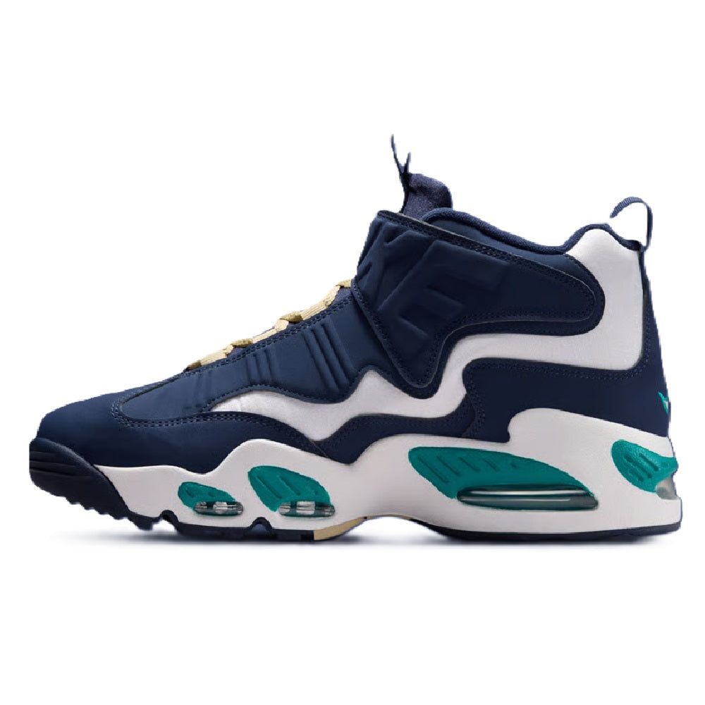 Midnight navy high-top sneakers with white panels, green details, and lace-up straps