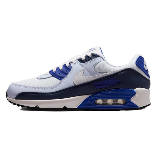 Nike Air Max 90 running shoe in white, gray, and blue with lace-up design