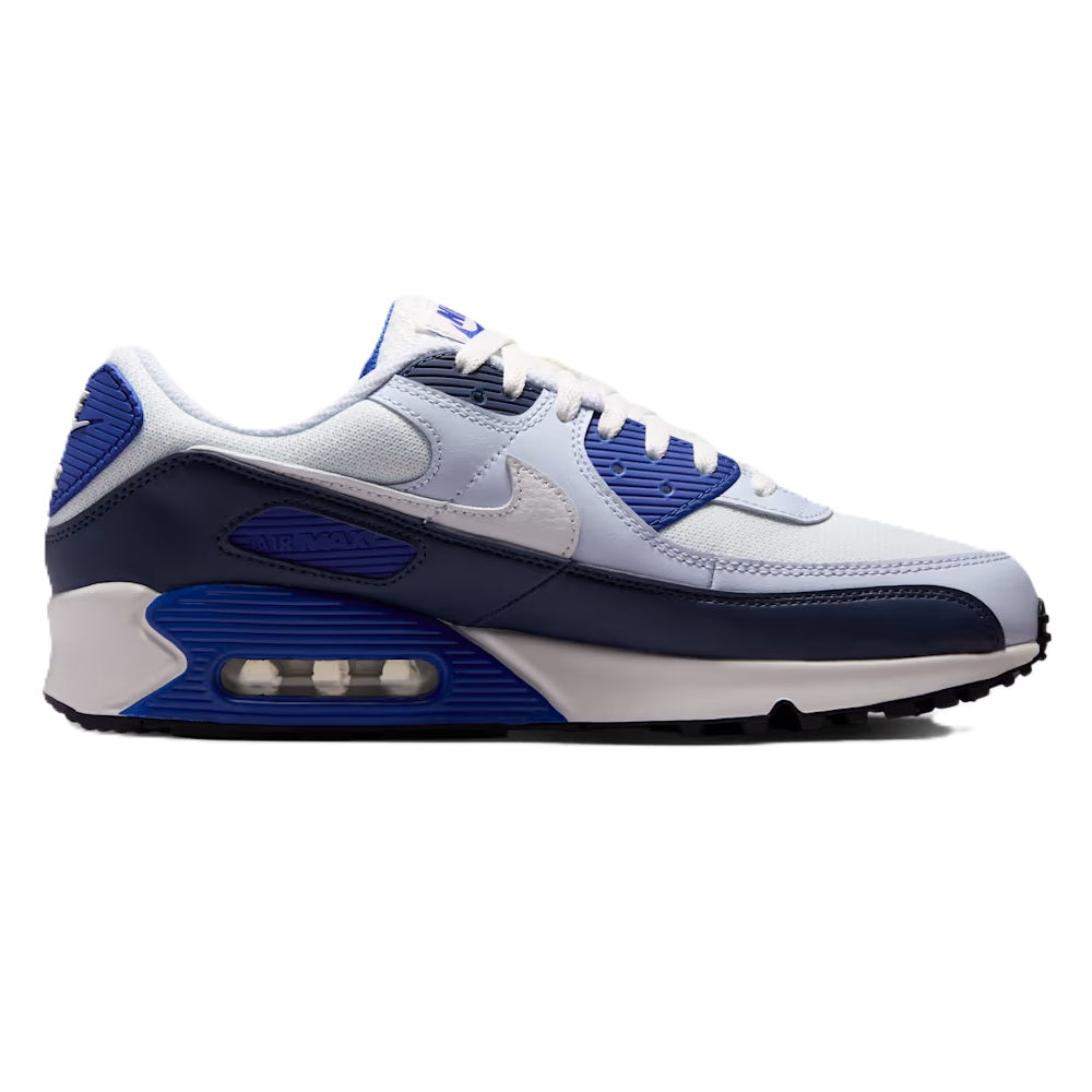 Nike Air Max 90 running shoe with blue lace panel and visible Air unit window