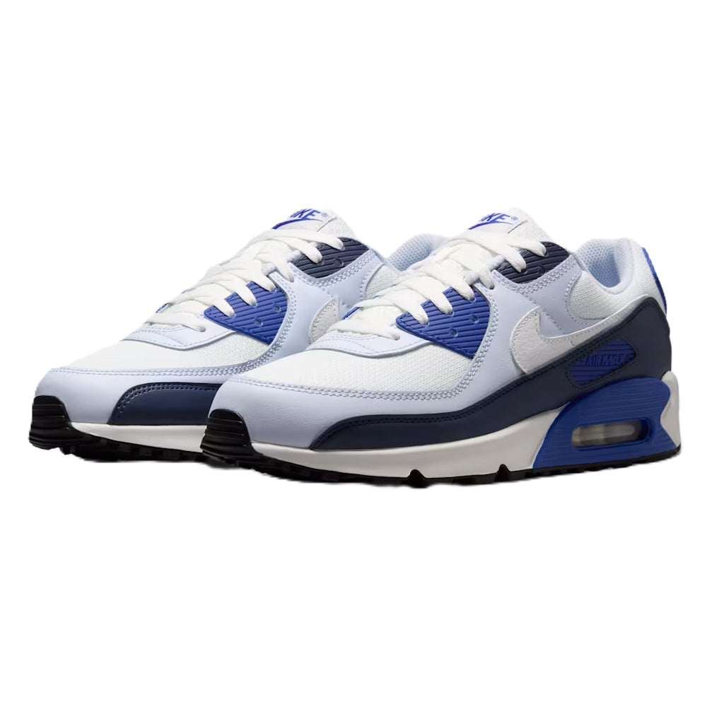 Nike Air Max 90 running shoe, side view, white uppers with blue accents