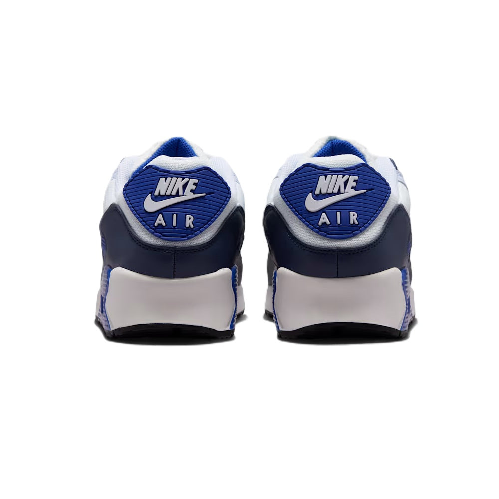 Nike Air Max 90 heel view with NIKE AIR logo and white/blue cushioning