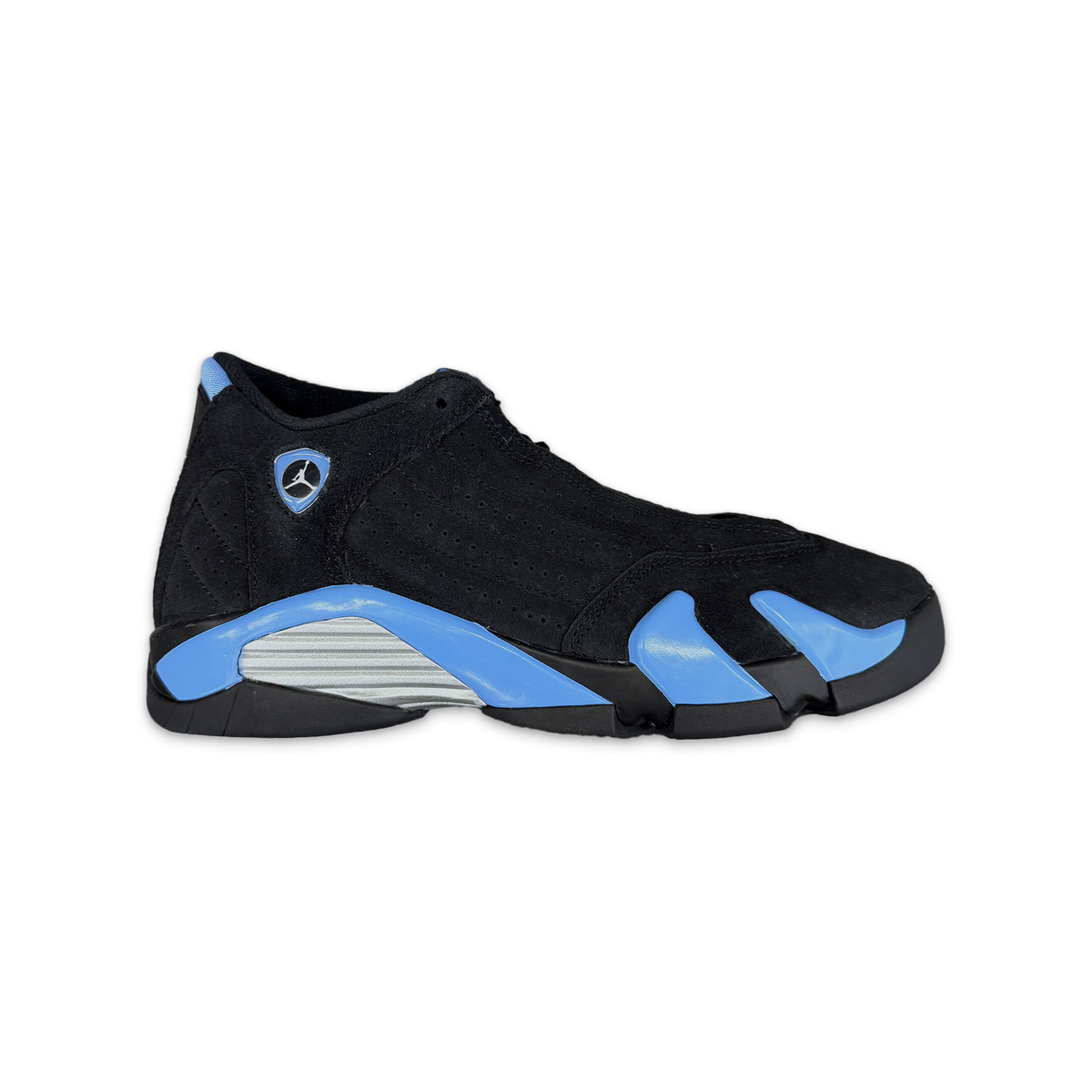 Air Jordan 14 Retro GS kids sneakers, black suede with blue accents and lace-up.
