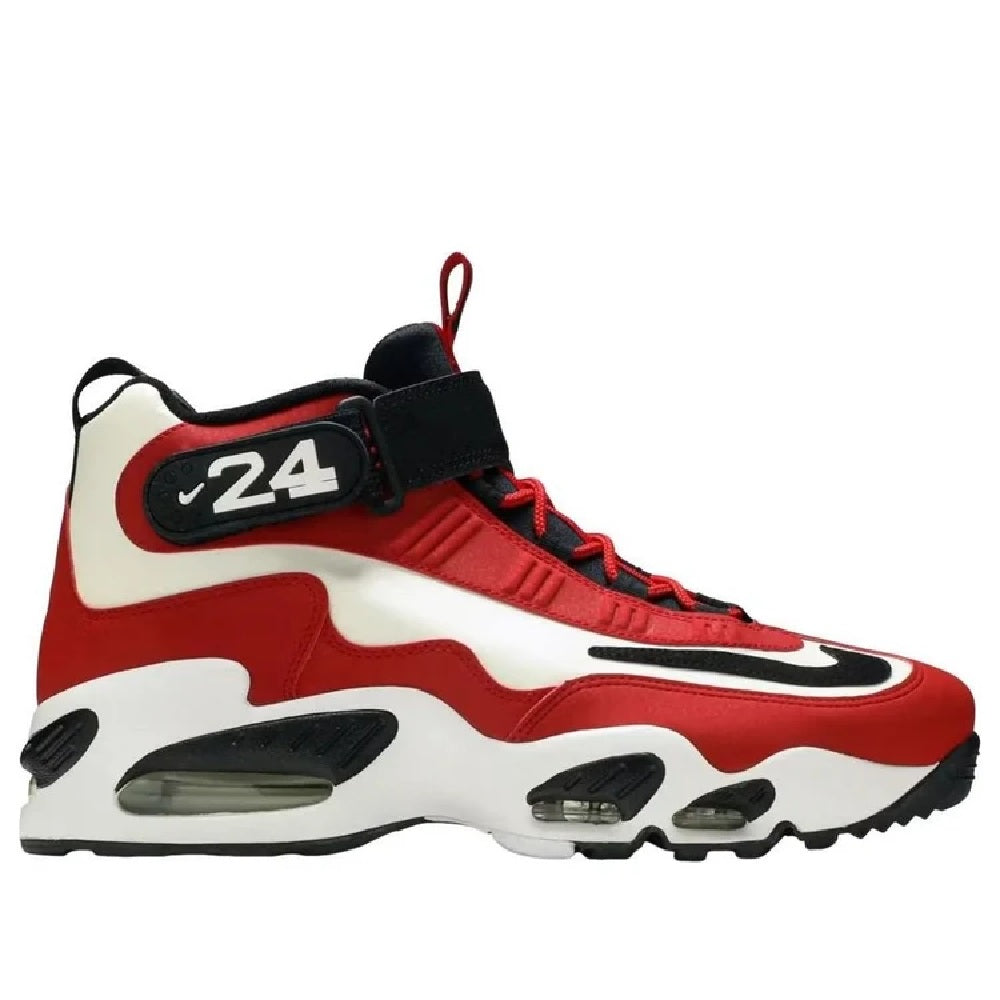 Red, white & black high-top sneakers with lace-up front and chunky sole