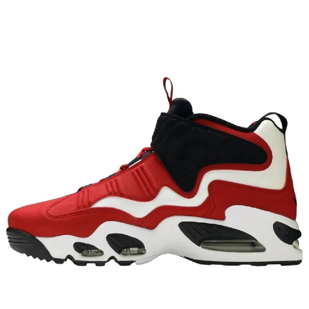 Red, white & black high-top sneakers with black padded collar and side logo