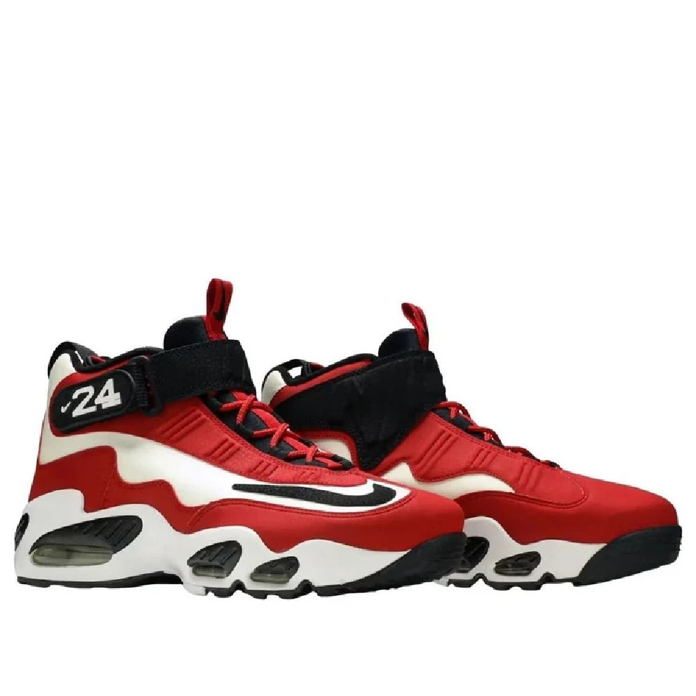 Pair of red, white & black high-top sneakers with lace-up design and chunky sole