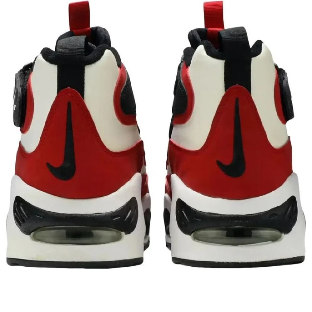 Back view of red, white & black high-top sneakers with black heel pull tabs