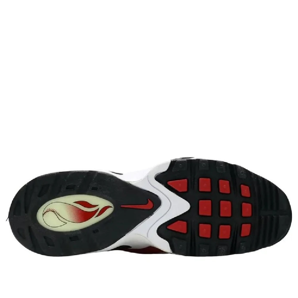 Shoe outsole view: dark traction tread on red-and-white sneaker