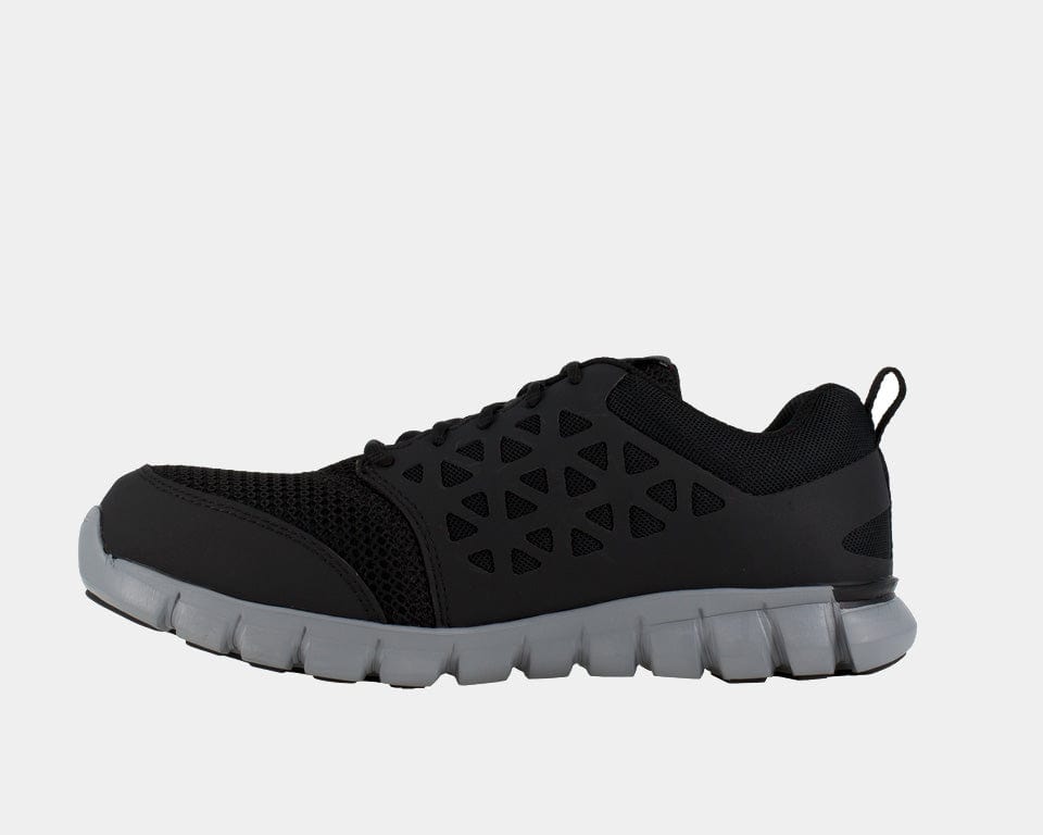 Black lace-up running shoe with geometric cutout upper and gray cushioned sole