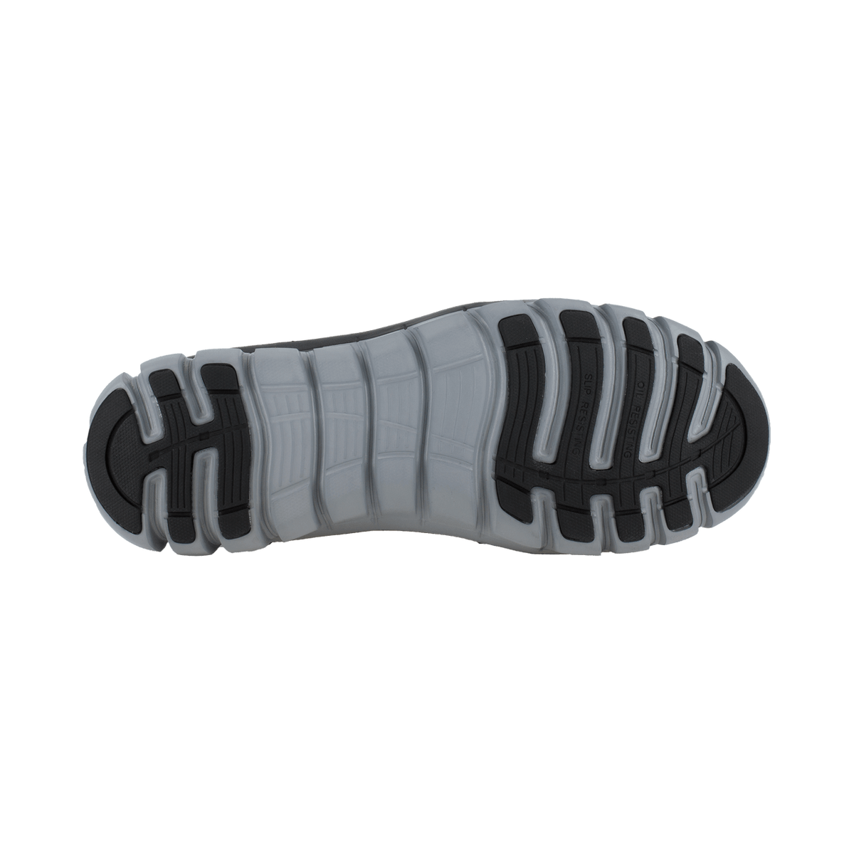Shoe outsole with black tread and gray cushioning segments