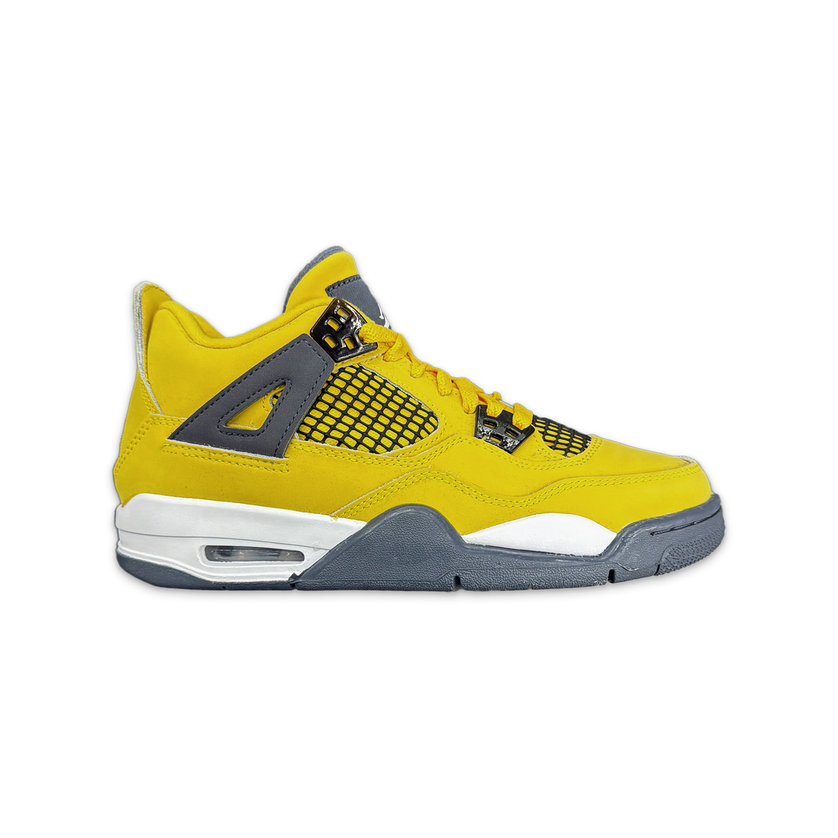 Air Jordan 4 Retro Lightning kids sneaker: yellow upper, mesh panel, gray sole
