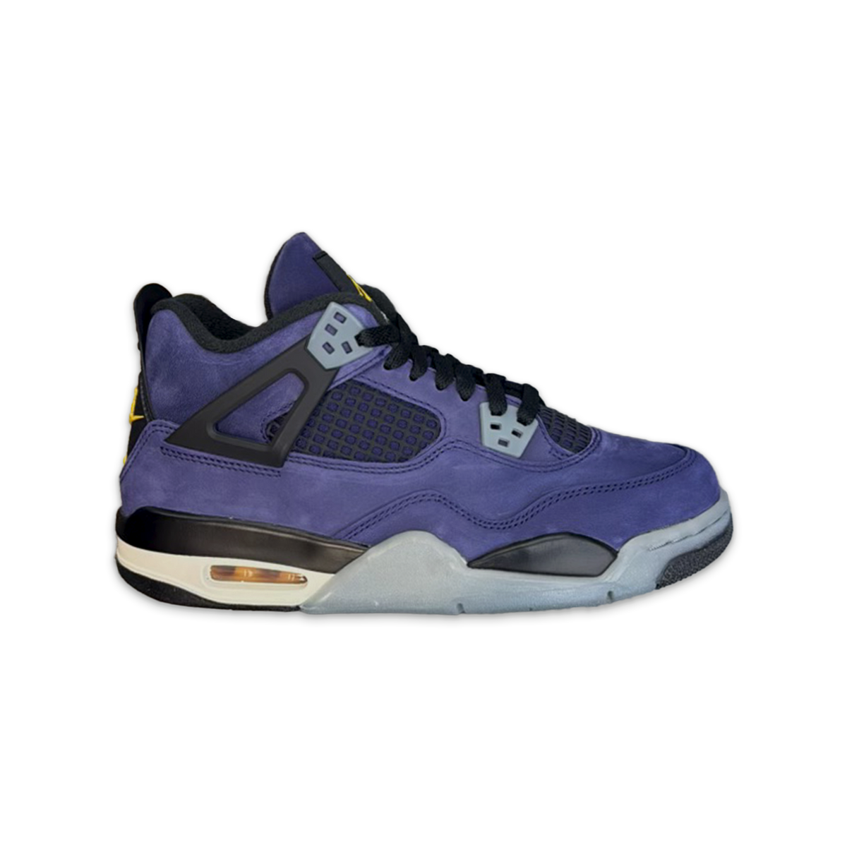 Air Jordan 4 Retro GS youth sneakers, purple suede with mesh panels and black lace-up