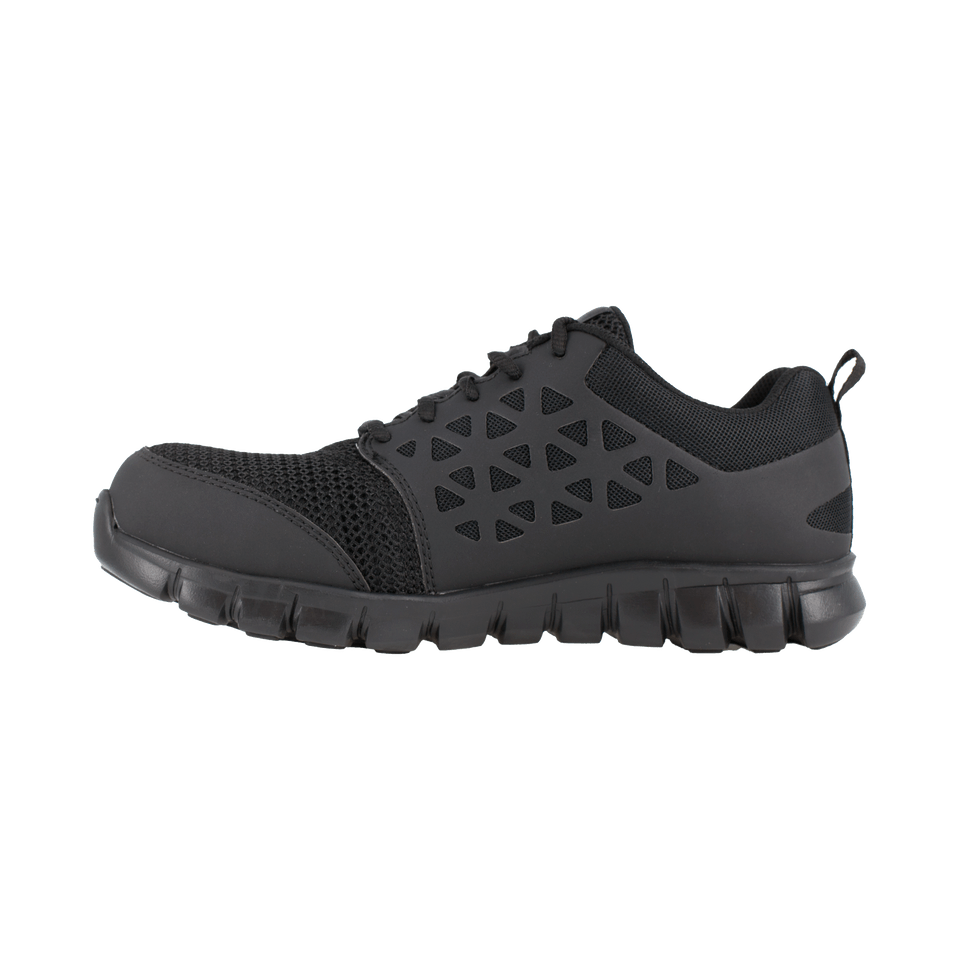 Black lace-up athletic shoe with perforated toe and side panel cutouts
