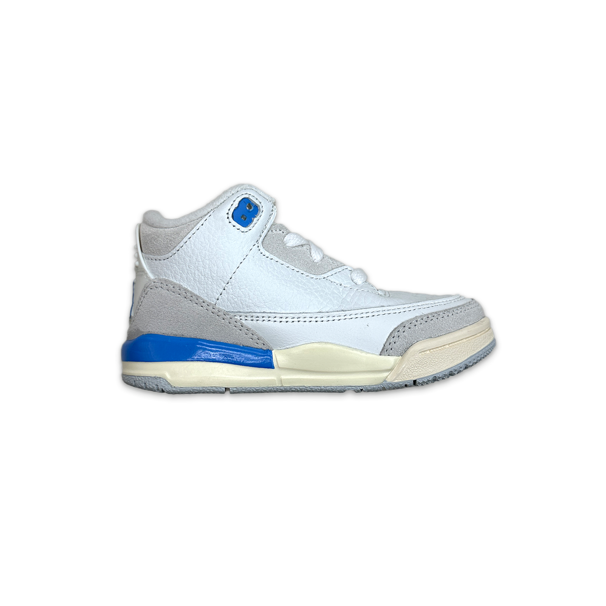 Kids' mid-top sneaker with white upper, gray panels, blue detail, and cushioned sole