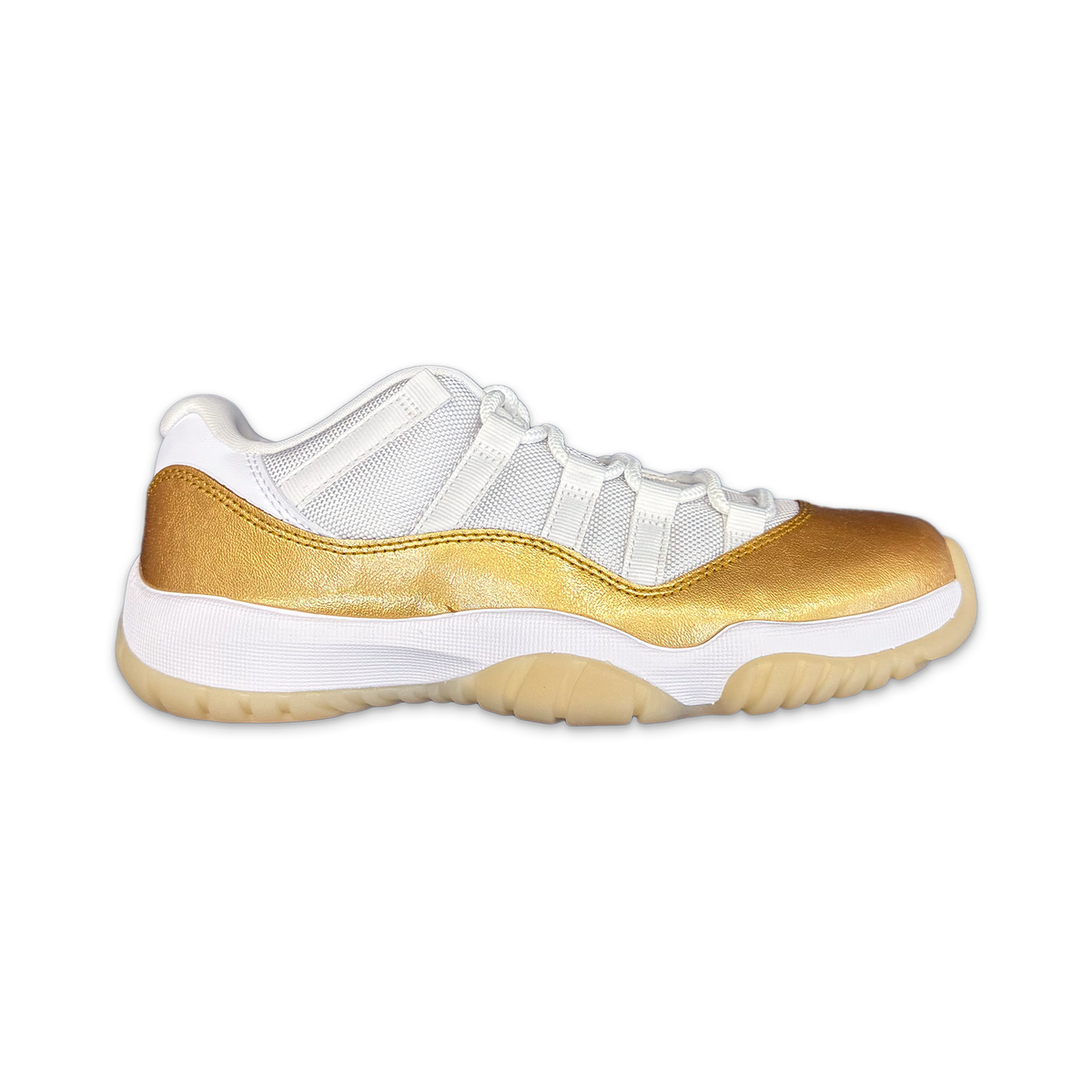 Women's Air Jordan 11 Retro Low sneakers with white mesh upper and gold suede overlays