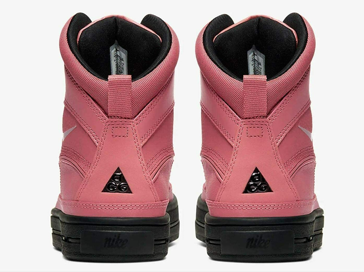 ACG Woodside boot heel view, pink upper, lace-up, black lining and rubber outsole