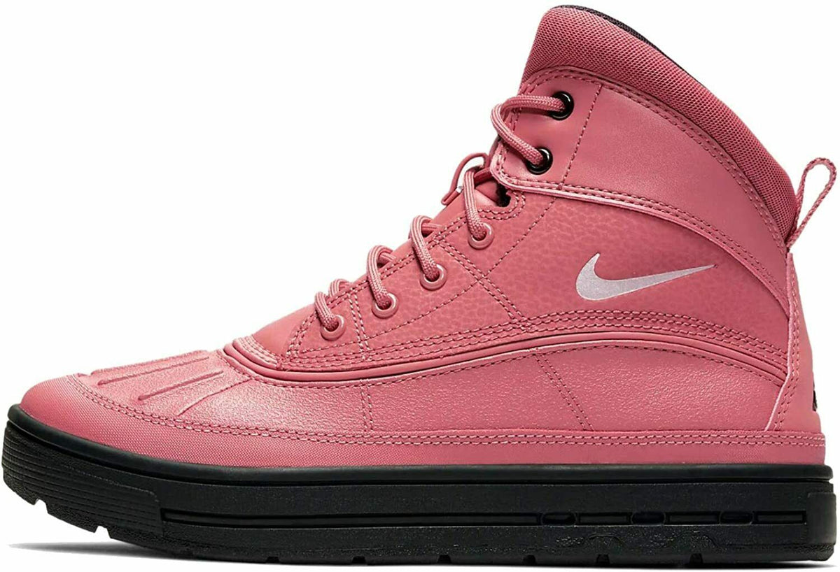 ACG Woodside hiking boot with pink leather upper, lace-up, black rubber sole, swoosh logo