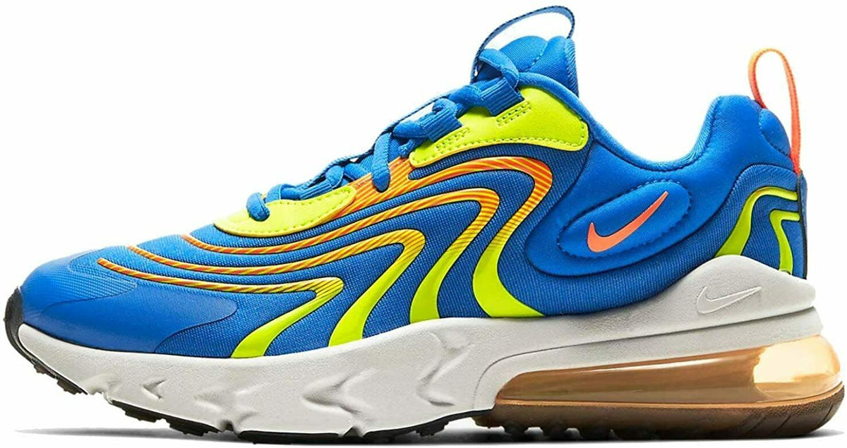 Nike Air Max 270 React sneakers, blue knit with lime accents and wavy orange overlays