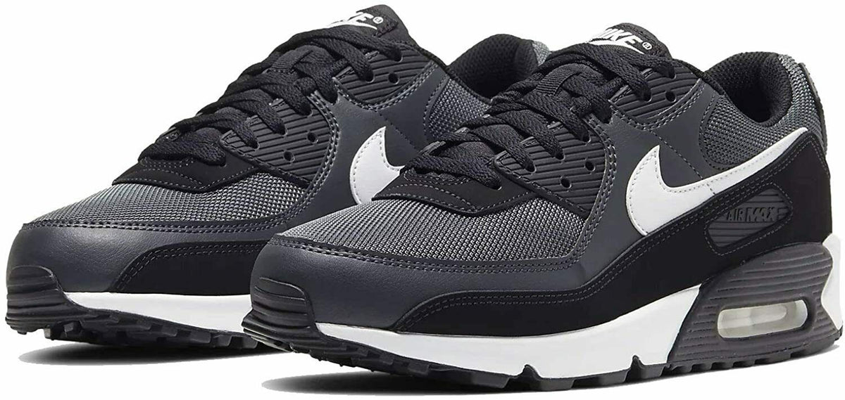 Men's Nike Air Max 90 sneakers, dark gray and black with white swoosh and lace-up