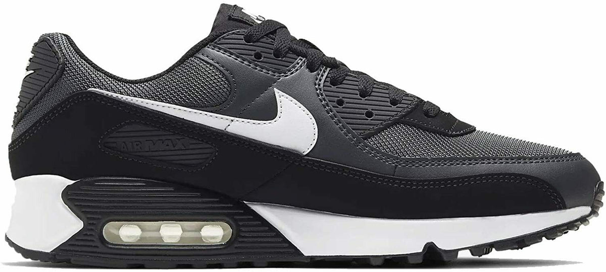Men's Nike Air Max 90 sneakers, dark gray/black/white lace-up, visible Air unit