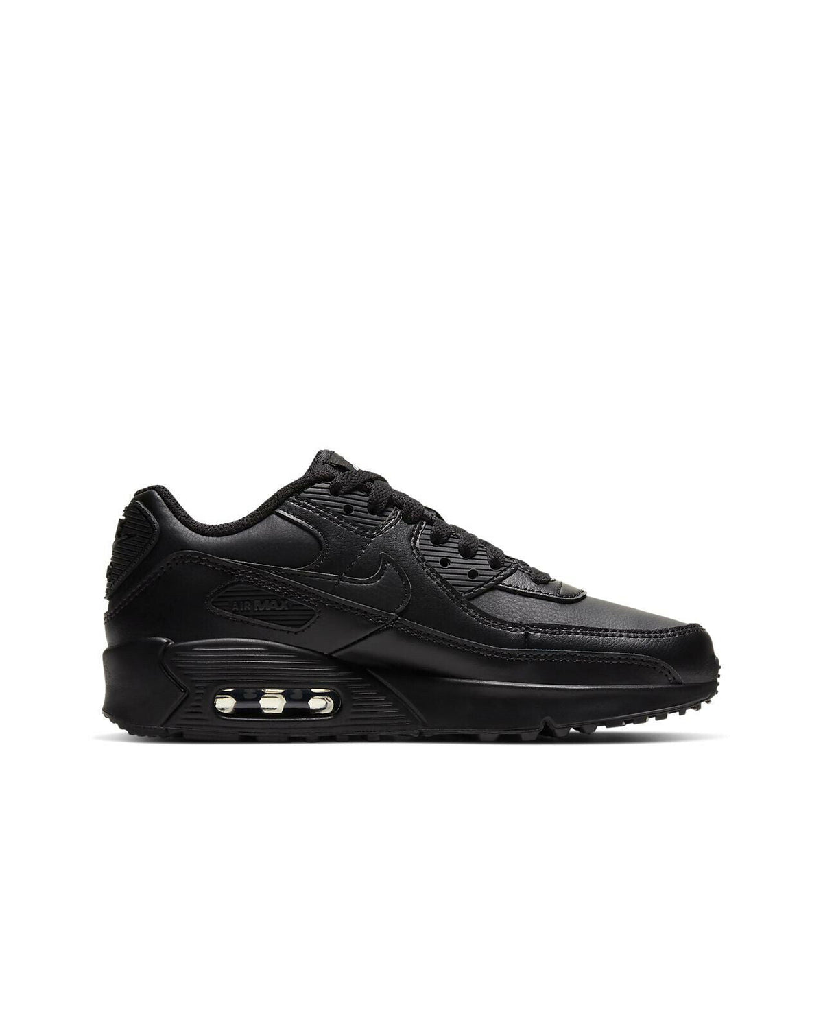 Kids' Nike Air Max 90 sneakers, black side view with lace-up and Air unit
