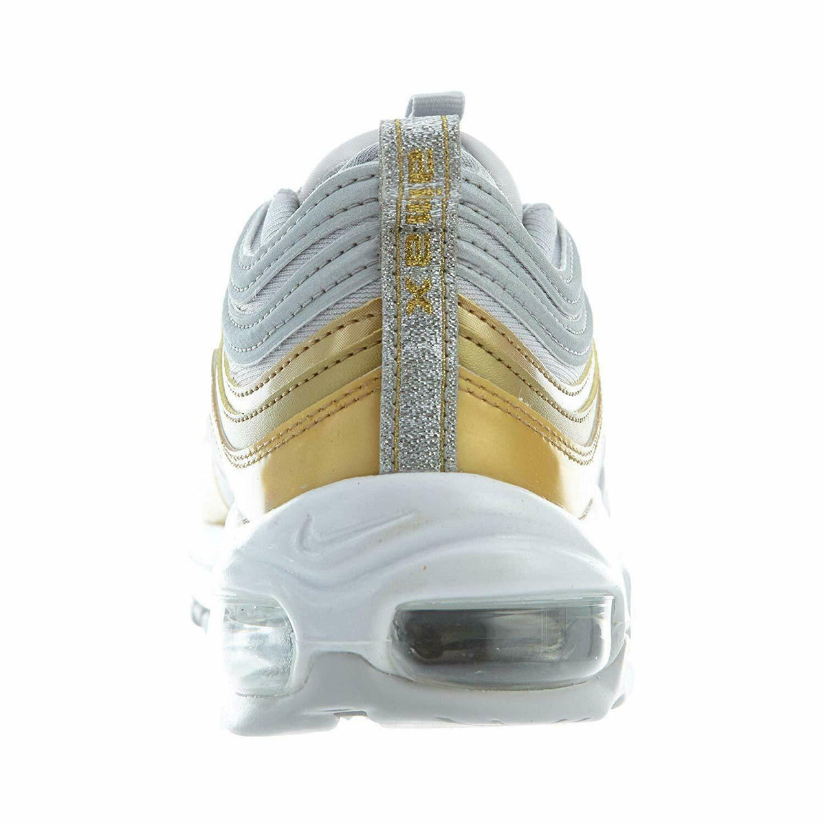 Women's Nike Air Max 97 sneakers, heel view in light gray with gold stripe