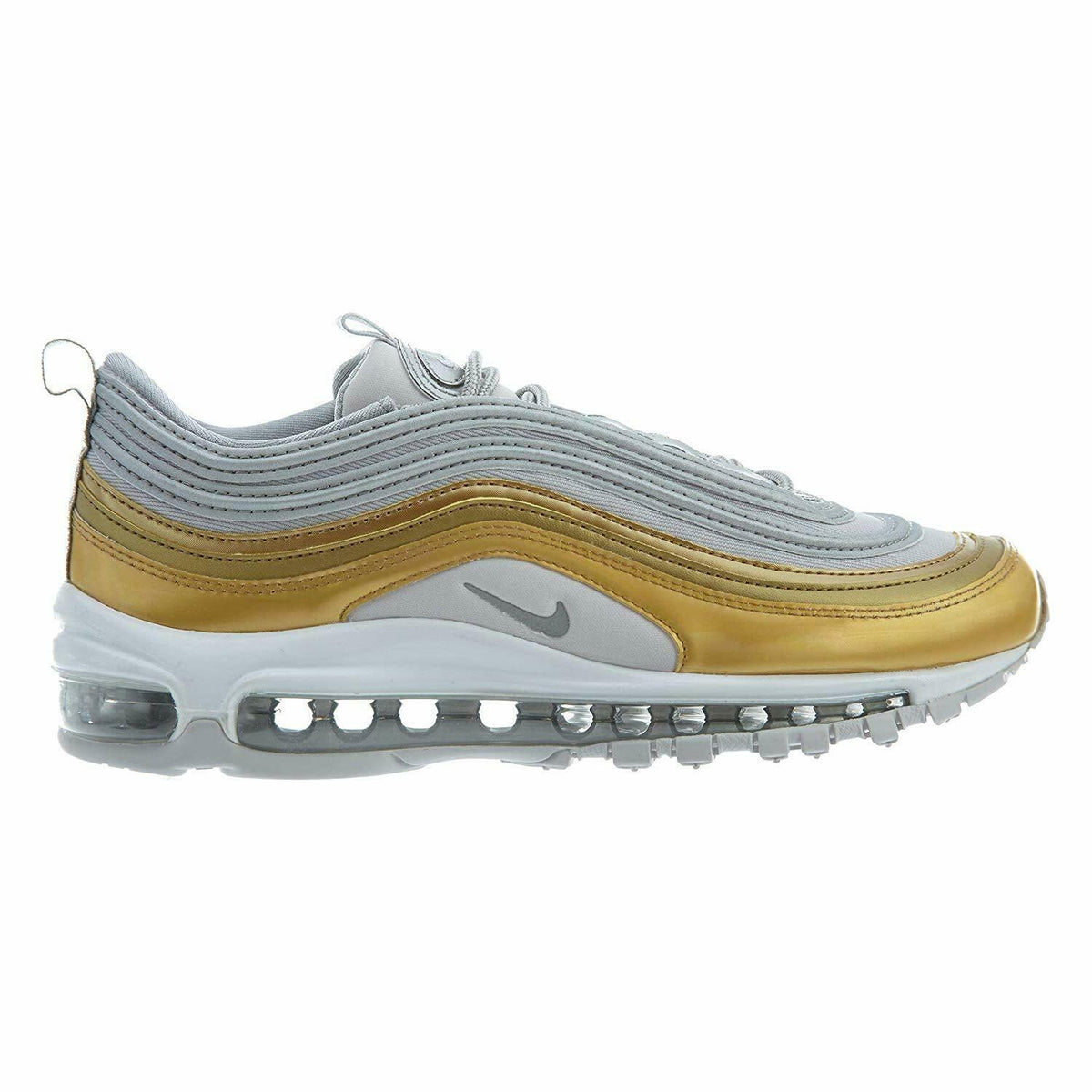 Women's Nike Air Max 97 sneakers, side view with gold swoosh and clear air sole