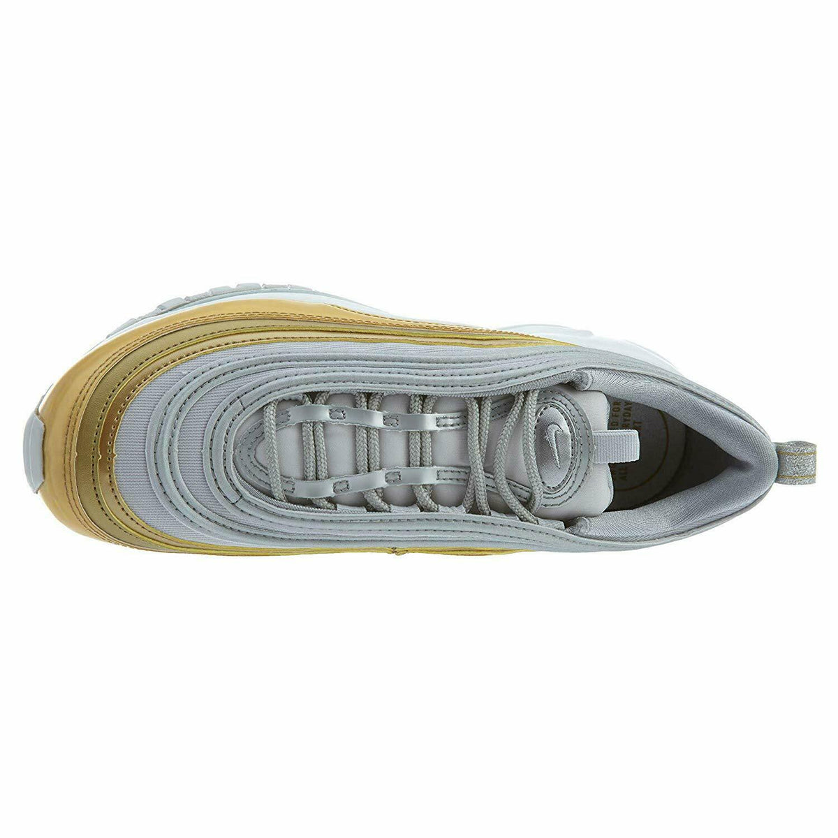 Women's Nike Air Max 97 sneakers, open laces and tongue in light gray with gold trim