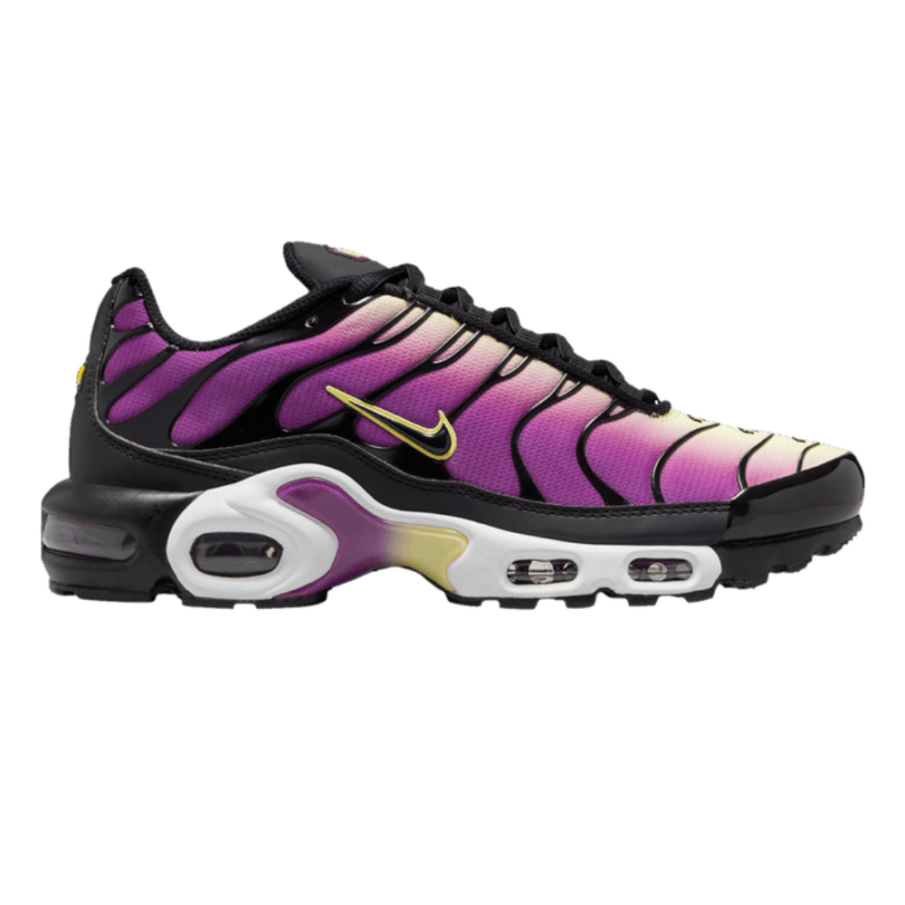 NIKE Air Max Plus sneakers with black upper, purple panels, yellow swoosh, white midsole