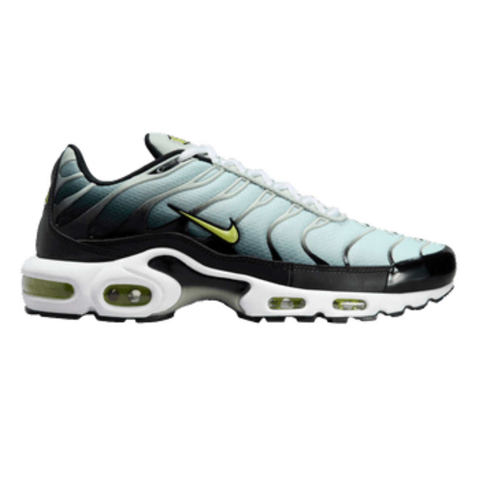 Nike TN Air Max Plus sneaker in light gray with teal, black, and yellow accents