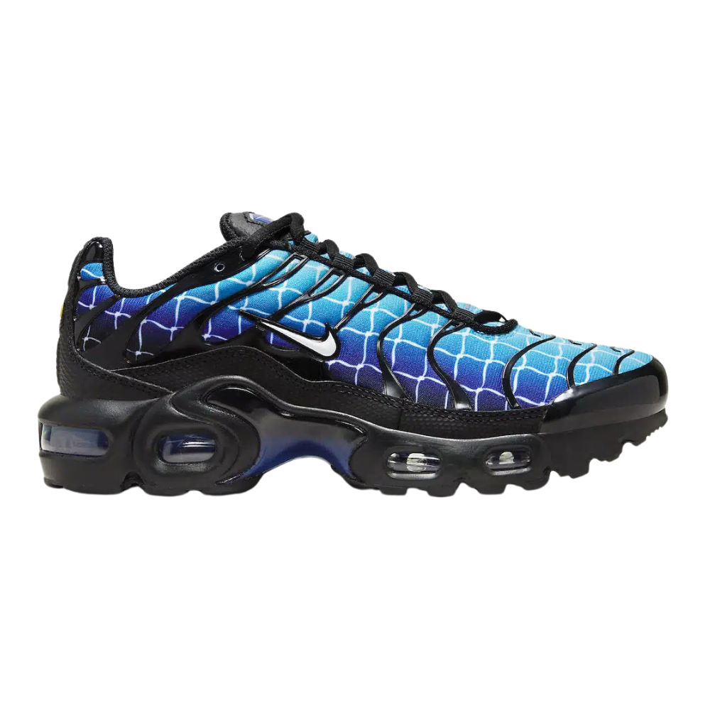 NIKE Air Max Plus sneaker: blue chain-link upper, black laces, chunky black sole