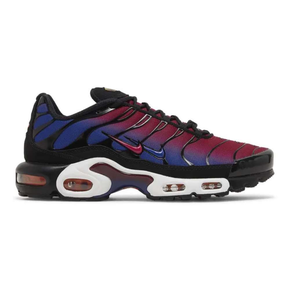Nike TN Air Max Plus FC Barcelona running sneaker, black red blue with lace-up.