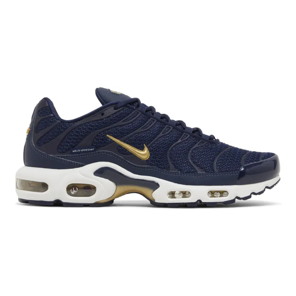 Navy Nike TN Air Max Plus sneakers with gold Swoosh and white air-cushion midsole