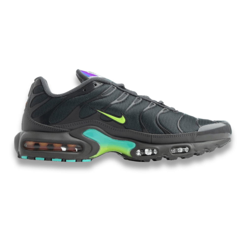 NIKE Air Max Plus sneakers, dark gray mesh with neon green accents and visible air unit