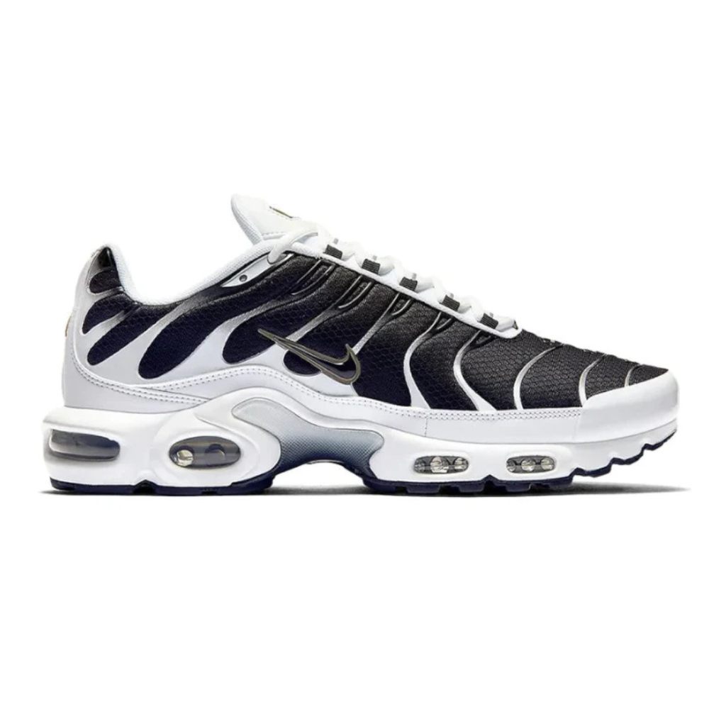 Nike TN Air Max Plus lace-up running shoe, white with dark navy and black accents