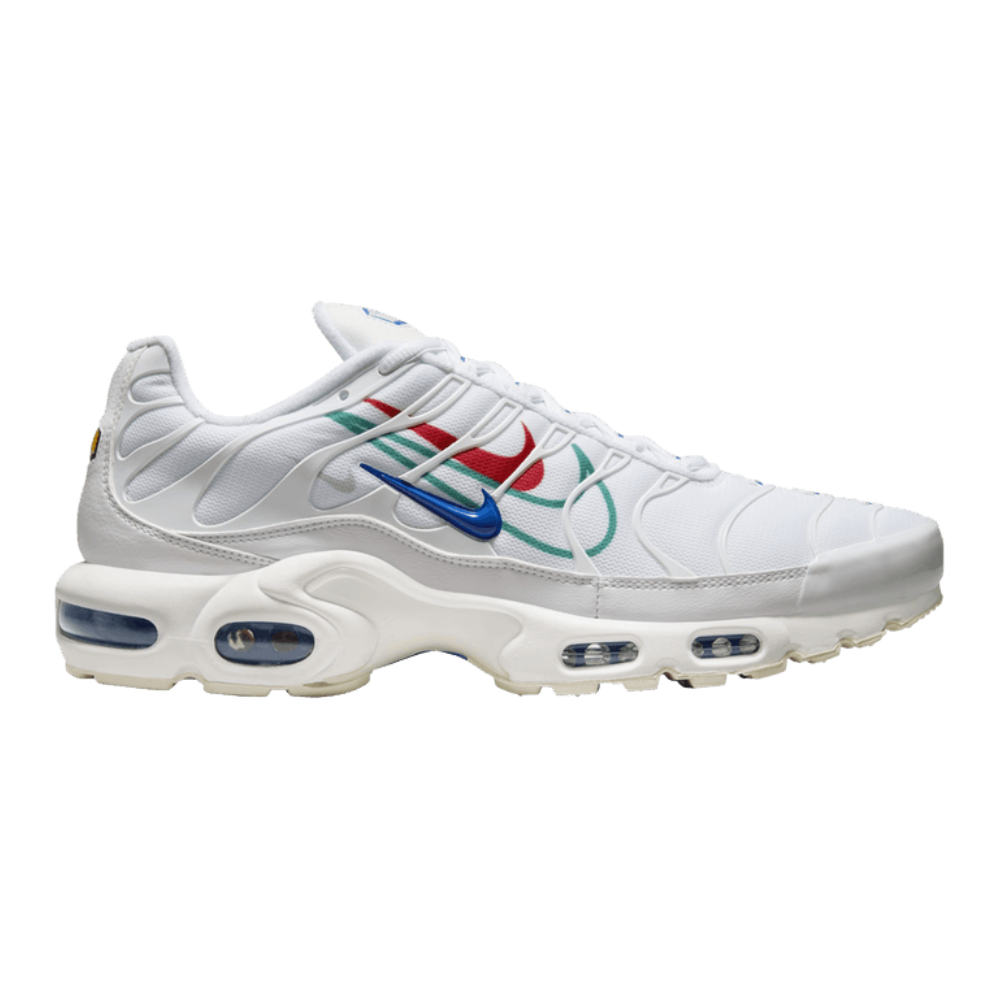NIKE TN Air Max Plus white athletic sneaker, multicolor swoosh, blue air sole pods