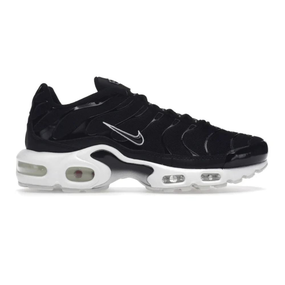 Nike TN Air Max Plus sneakers, black knit upper with white Air sole pods