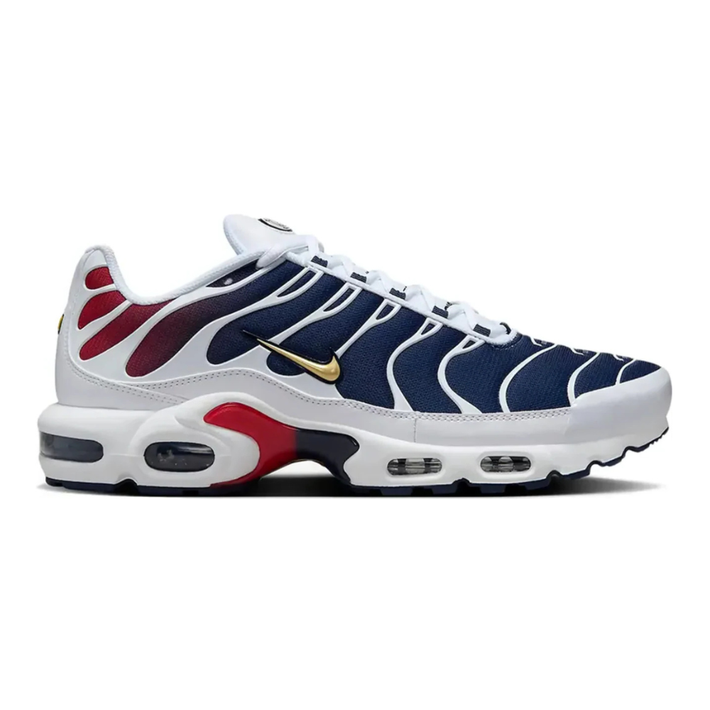 NIKE Air Max Plus lace-up sneaker, navy and white with red accents