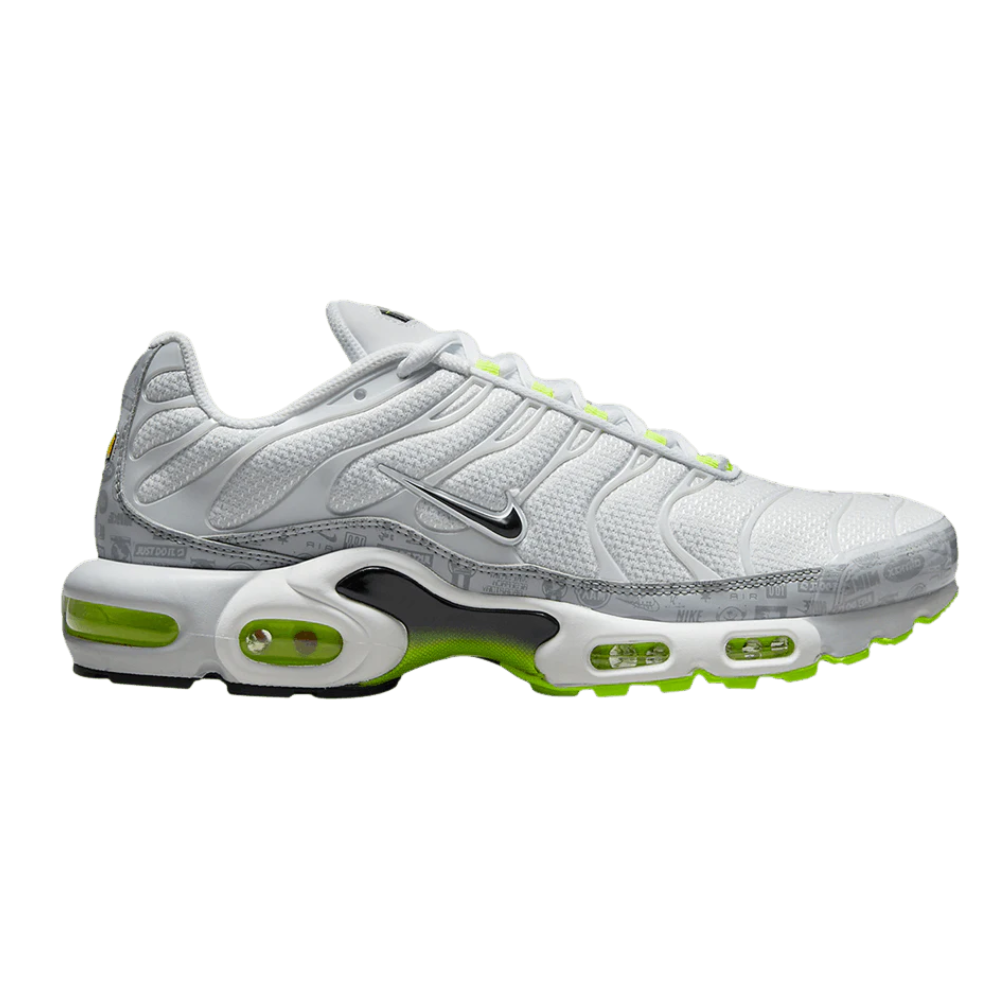 Nike TN Air Max Plus Rejuvenate sneaker in light gray with green accents, lace-up