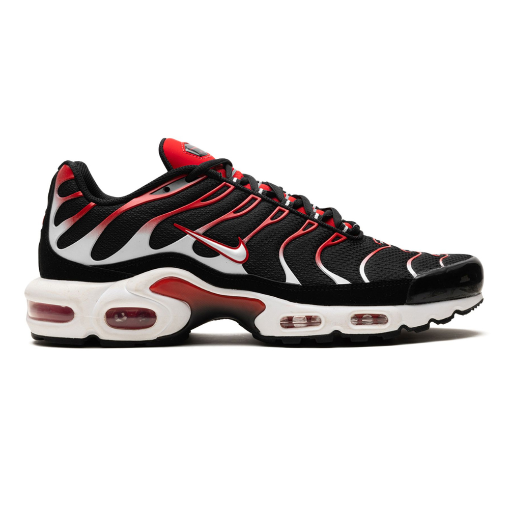 Nike Air Max Plus sneaker, black with red and white accents, lace-up with Air pods