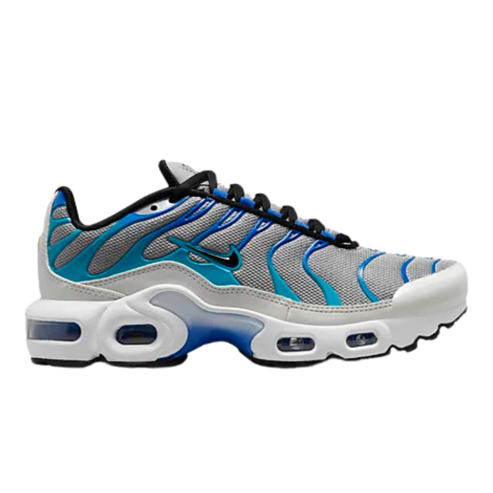 NIKE Air Max Plus sneaker in blue, teal, gray with black laces and white sole