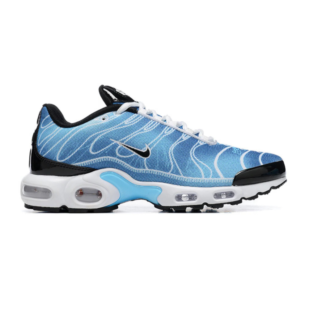 NIKE Air Max Plus X-RAY sneaker in blue with black accents, white laces, visible air pods