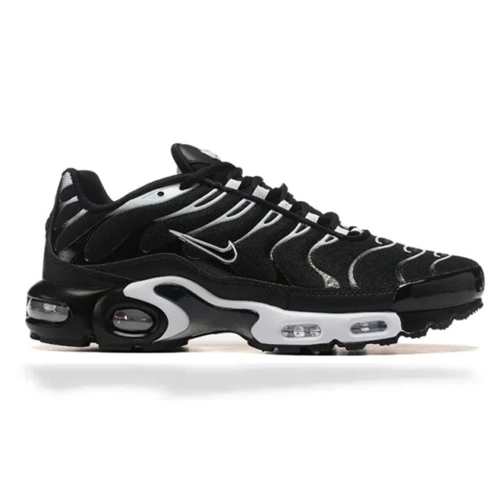 Nike TN Air Max Plus lace-up sneakers in black with silver accents and visible Air units