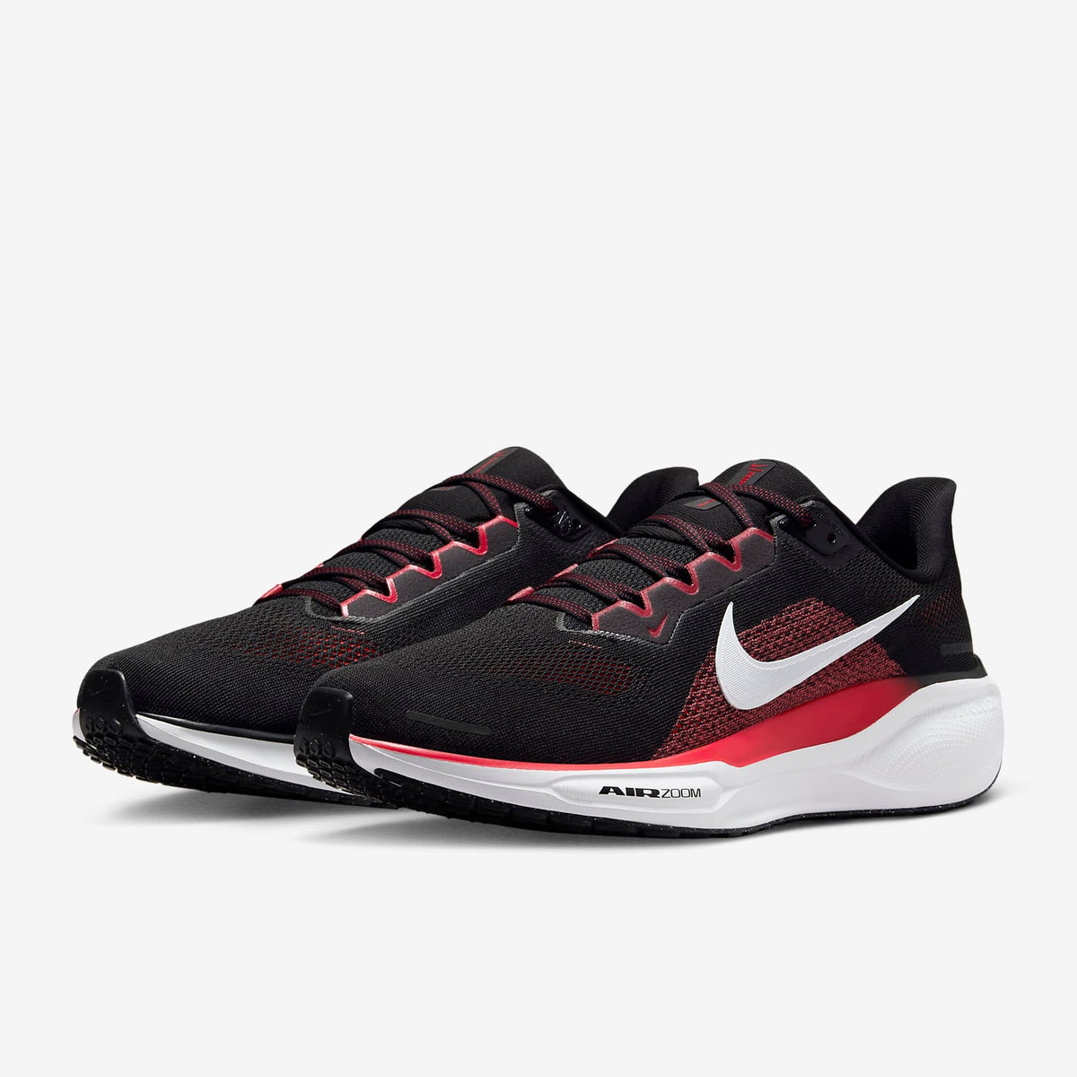 Air Zoom Pegasus 41 running shoes, black knit upper with red accents and white midsole