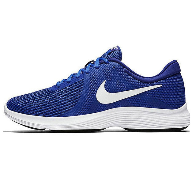 Blue mesh running shoes with white Nike swoosh and white midsoles